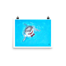 Load image into Gallery viewer, Small print illustration of a great white shark wearing a bowtie and spyhopping.