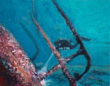 Load image into Gallery viewer, Keystorm shipwreck art print  with diver swimming nearby