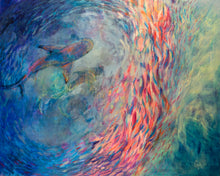 Load image into Gallery viewer, Colourful art print by grace marquez showing shark surrounded by colourful moving school of fish