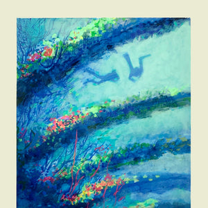 "High Above" - Original acrylic painting of divers above the holds of a shipwreck