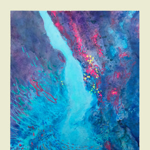 "Swimming Through" - Original acrylic painting of divers swimming through section of underwater cave