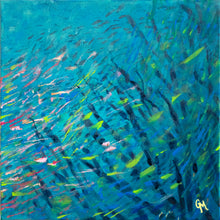 Load image into Gallery viewer, Art print of colourful pink and green blennies in the coral by Grace Marquez