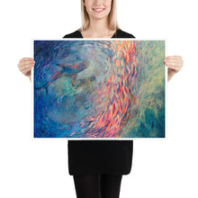 Load image into Gallery viewer, woman holding 18x24 inch colourful print of shark with fish circling around