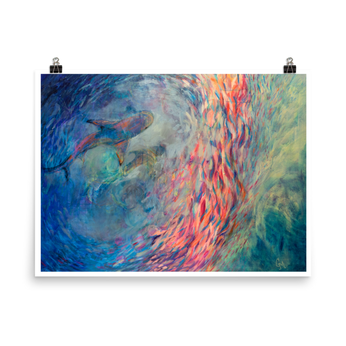 Colourful art print showing shark surrounded by colourful moving school of fish