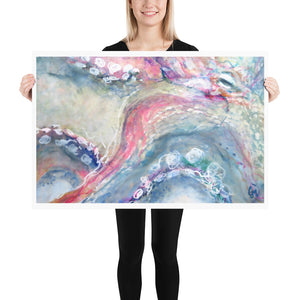 Woman holding colourful Octopus print on 24 x 36 paper