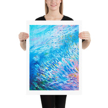 Load image into Gallery viewer, Woman holding 18 by 24 inch art print of blue, white and pink Marine Life
