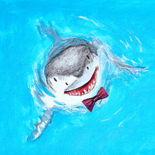 Load image into Gallery viewer, Illustration of a great white shark wearing a bow tie spy-hopping out of the water.