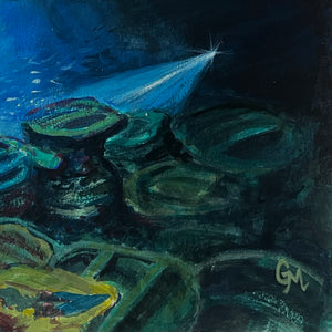 Detail of a painting of a diver exploring the cargo hold of the SS Thistlegorm, a WWII wreck in the Red Sea, with sunlight and historical artifacts