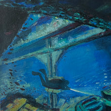 Load image into Gallery viewer, detail of a Painting of a diver exploring the cargo hold of the SS Thistlegorm, a WWII wreck in the Red Sea, with sunlight and historical artifacts