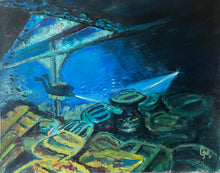 Load image into Gallery viewer, Painting of a diver exploring the cargo hold of the SS Thistlegorm, a WWII wreck in the Red Sea, with sunlight and historical artifacts
