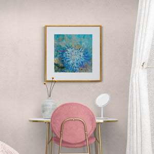 "Anemone Bouquet" framed art print above bedroom vanity table and pink chair