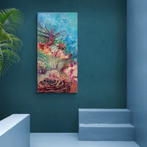 "The Playground" - an original painting of two divers high above a healthy, thriving coral reef