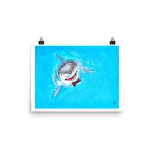 Small print illustration of a great white shark wearing a bowtie and spyhopping.