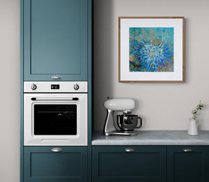 "Anemone Bouquet" framed art print in kitchen with teal cabinets and appliances
