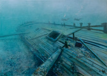 Load image into Gallery viewer, Lost to Time art print of Tiller shipwreck with two divers swimming aft
