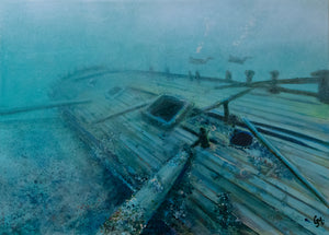 Lost to Time art print of Tiller shipwreck with two divers swimming aft