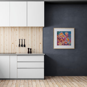 "Sponge Cluster" framed art print on wall of minimal white and natural kitchen