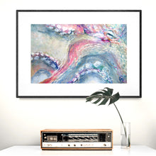 Load image into Gallery viewer, Retro clock radio on cabinet with framed print of colourful octopus