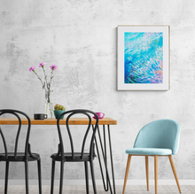 Load image into Gallery viewer, Marine life art print by Grace Marquez displayed on wall above wooden dining table and modern chairs