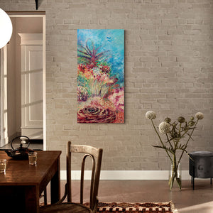 "The Playground" - an original painting of two divers high above a healthy, thriving coral reef