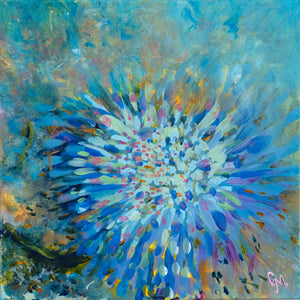 "Anemone Bouquet" art print with a burst of blue and yellow colours