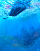 Load image into Gallery viewer, painting of underwater scene of divers returning to boat with ball of fish below