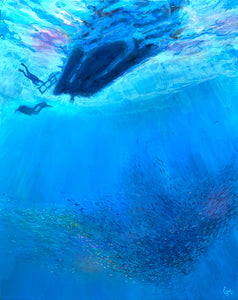 painting of underwater scene of divers returning to boat with ball of fish below