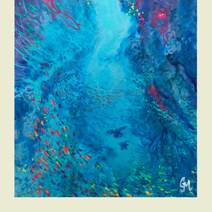 "Swimming Through" - Original acrylic painting of divers swimming through section of underwater cave