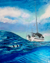 Load image into Gallery viewer, painting of diver on the surface swimming back to boat