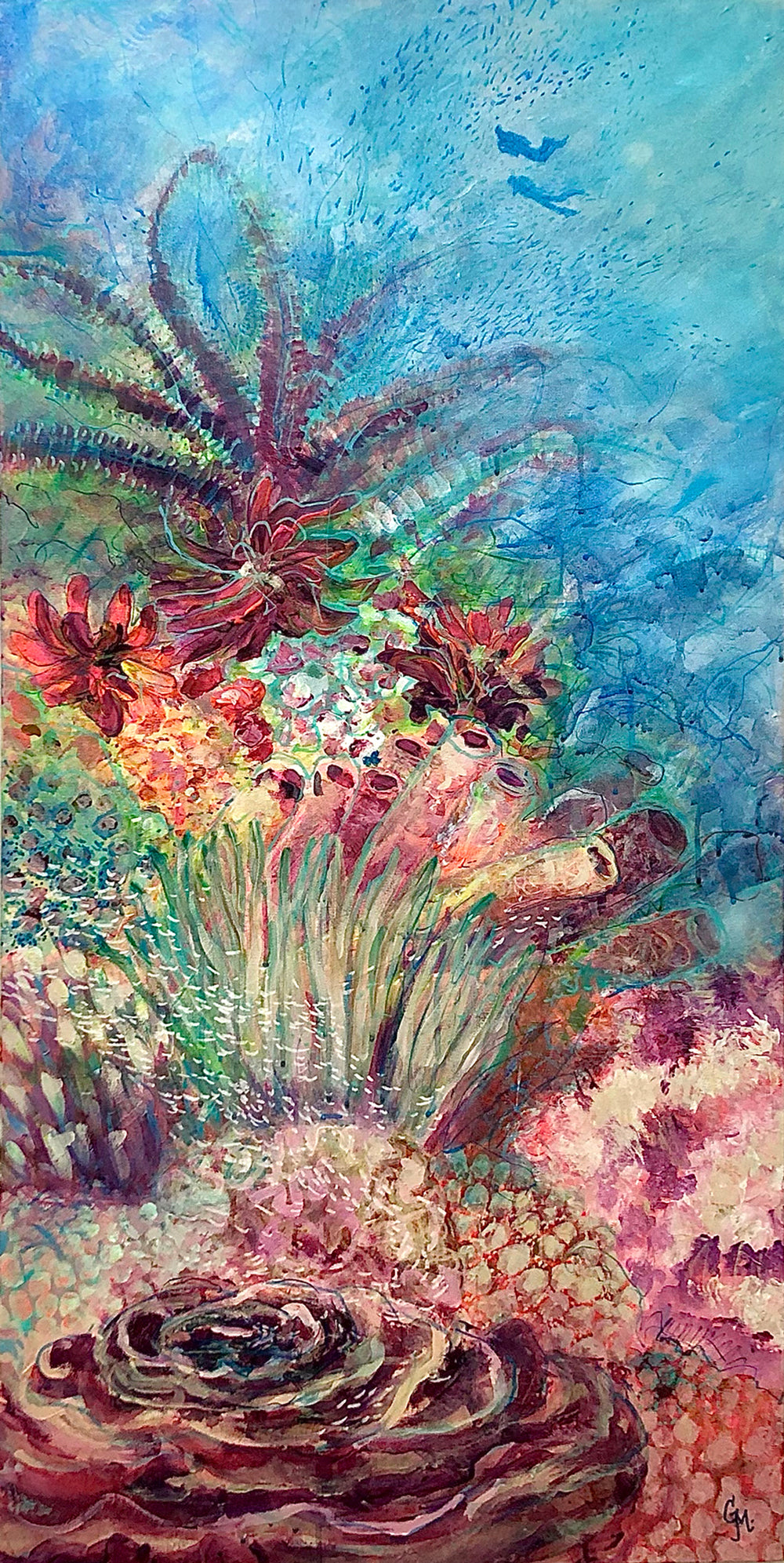 Painting of divers descending onto a riot of colour on a beautiful health reef