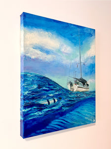painting of scuba diver swimming on surface towards boat