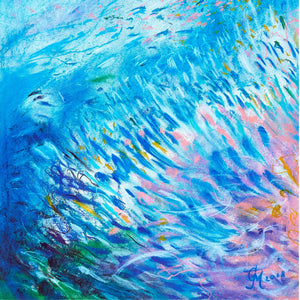 Close up Marine Life art print with repeating blue strokes and white and pink marks