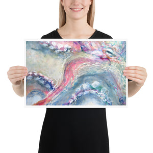 Woman holding colourful Octopus print on 12 x 18 paper