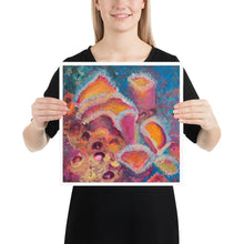 Load image into Gallery viewer, Woman holding colourful 14 by 14 inch art print with vibrant pink and orange sponges