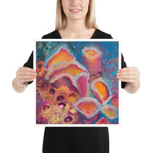 Load image into Gallery viewer, Woman holding colourful 16 by 16 inch art print with vibrant pink and orange sponges