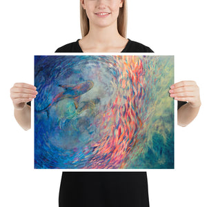 Woman holding colourful "Circling" shark art print in 16 by 20 inch size