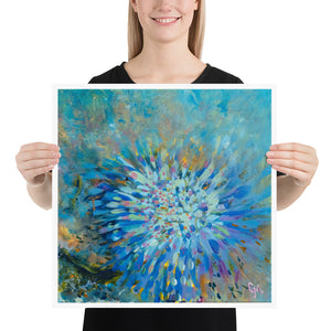 Woman holding 18 by 18 inch "Anemone Bouquet" art print 1