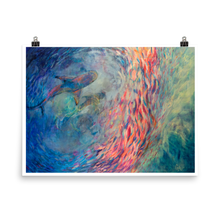 Load image into Gallery viewer, Colourful art print showing shark surrounded by colourful moving school of fish