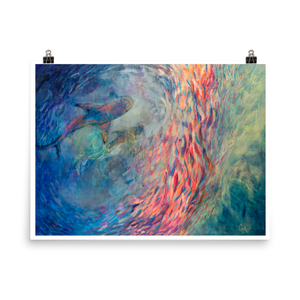 Colourful art print showing shark surrounded by colourful moving school of fish