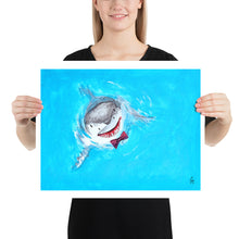 Load image into Gallery viewer, Woman holding a print illustration of a great white shark wearing a bowtie.