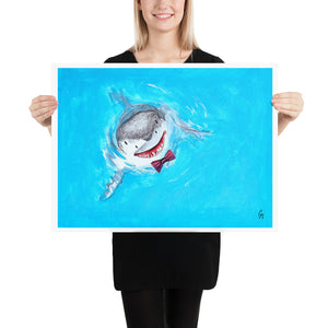 Woman holding a large print illustration of a great white shark wearing a bowtie.