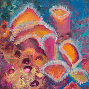 Colourful cluster of sea sponges in vibrant pink and orange art print